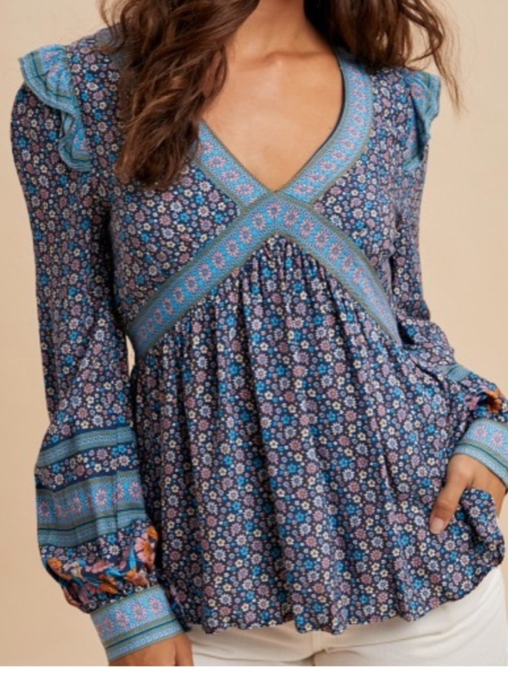 In Bloom Blue Floral Boho V-Neck Peasant Blouse